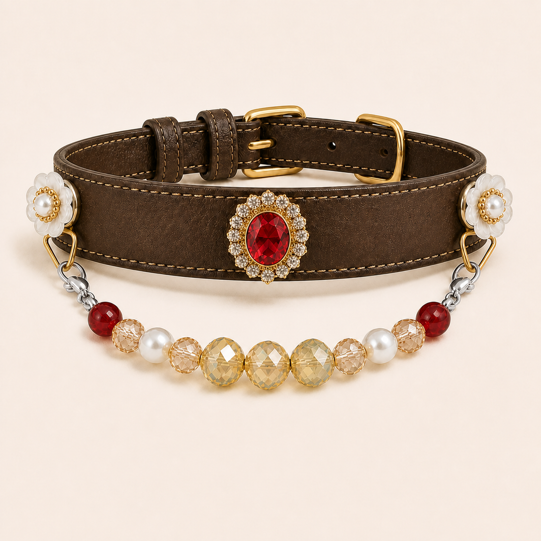 XCENCORE Ruby Heirloom crystal pet collar with red oval and pearl flower accents