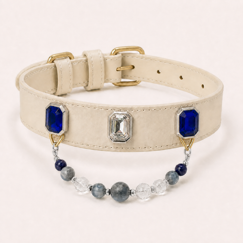 XCENCORE Celestial Blue Crystal Pet Collar — corrected champagne-gold hardware product view