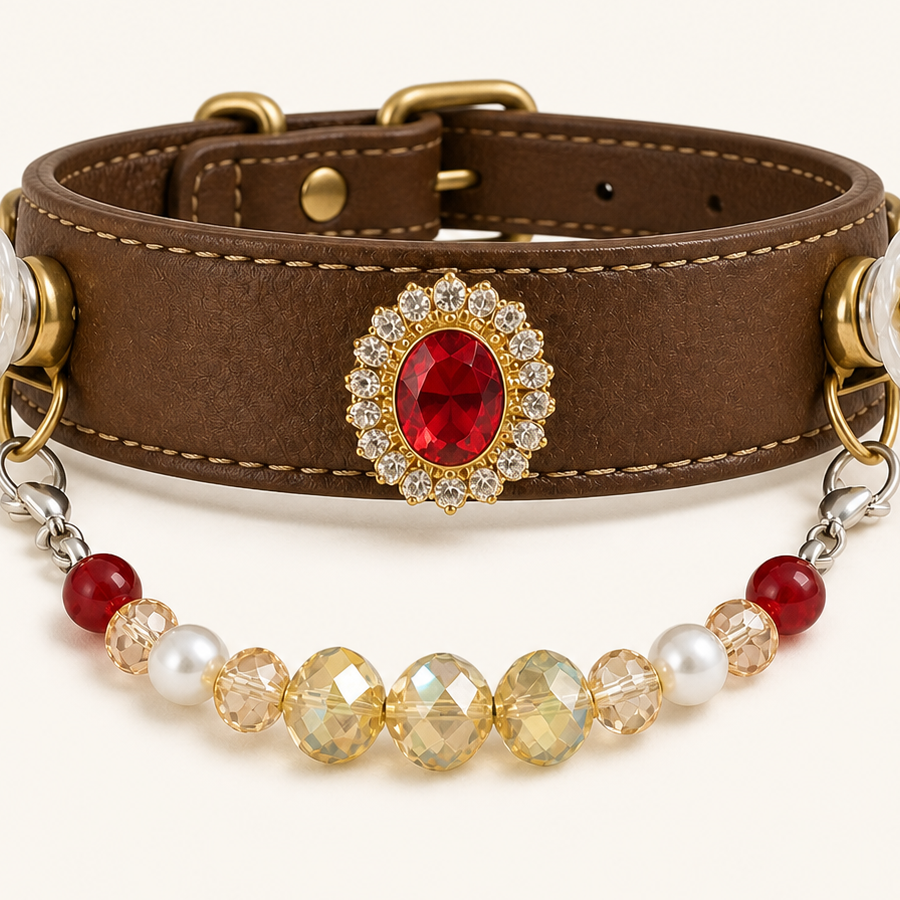 XCENCORE Ruby Heirloom Crystal Pet Collar — ruby centerpiece and bead chain detail