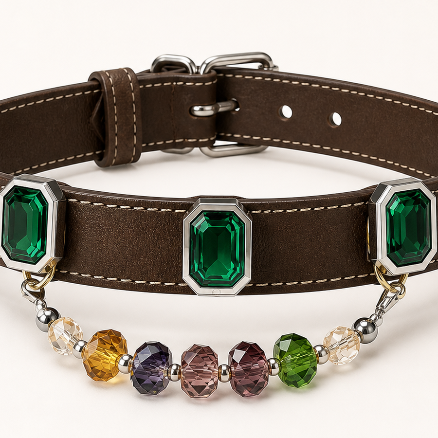 XCENCORE Emerald Mosaic Crystal Pet Collar — emerald accents and bead chain detail