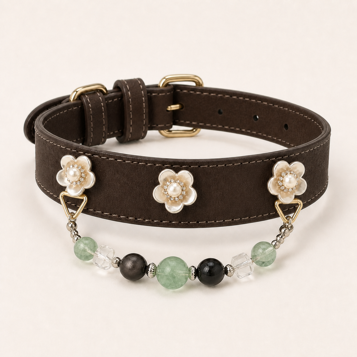 XCENCORE Midnight Pearl Bloom Crystal Pet Collar — corrected champagne-gold hardware product view