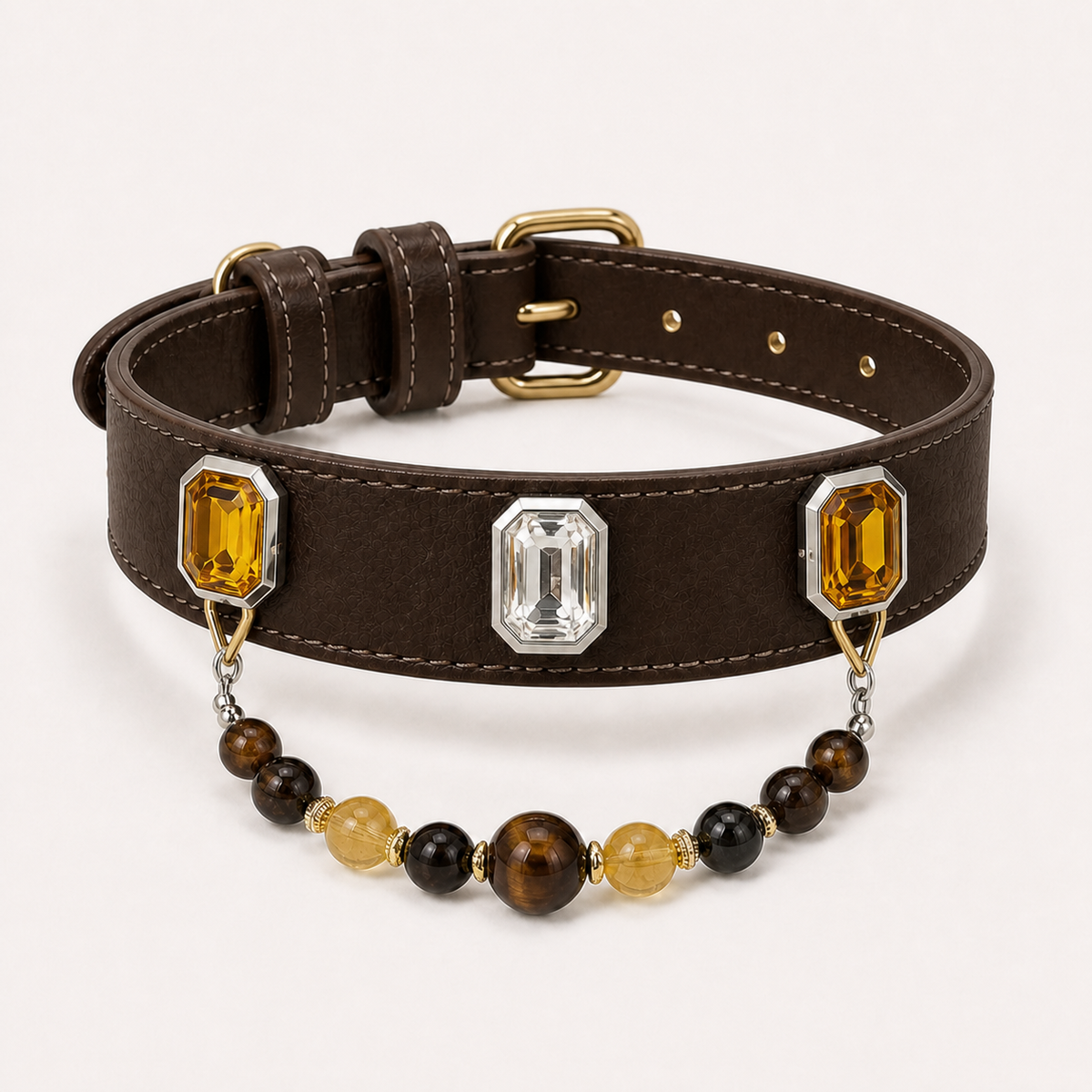 XCENCORE Tiger Glow Crystal Pet Collar — corrected champagne-gold hardware product view