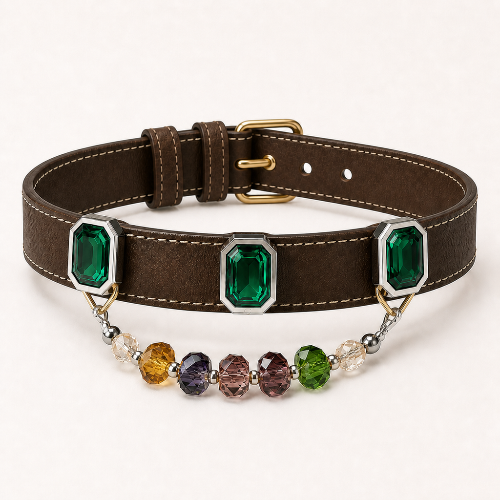 XCENCORE Emerald Mosaic Crystal Pet Collar — corrected champagne-gold hardware product view