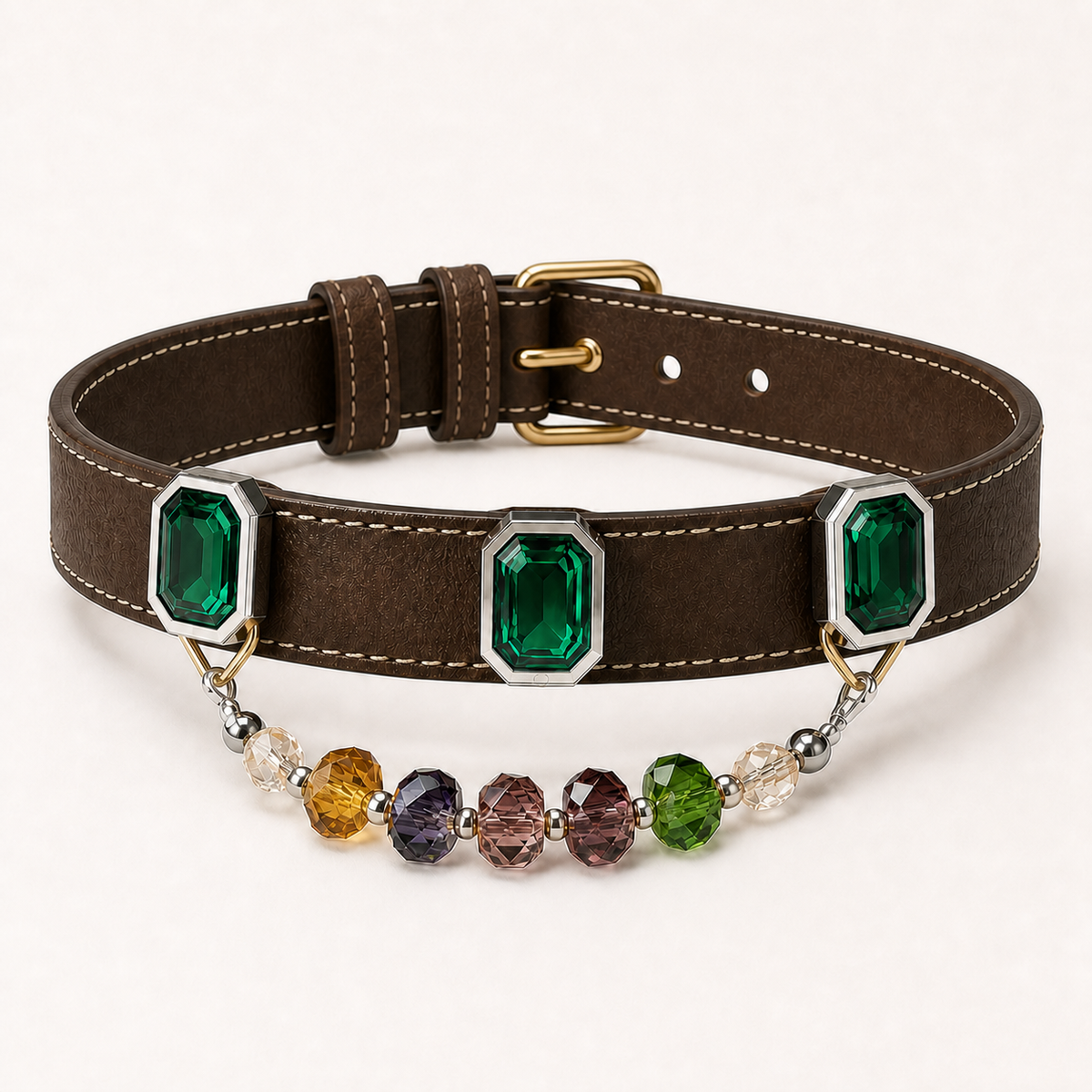 XCENCORE Emerald Mosaic Crystal Pet Collar — corrected champagne-gold hardware product view