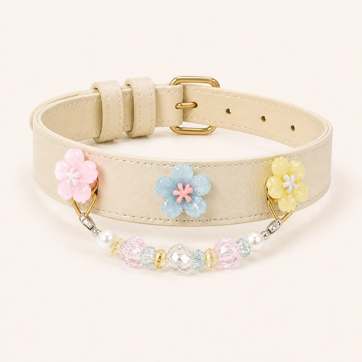 XCENCORE Pastel Garden Floral Crystal Pet Collar — corrected champagne-gold hardware product view