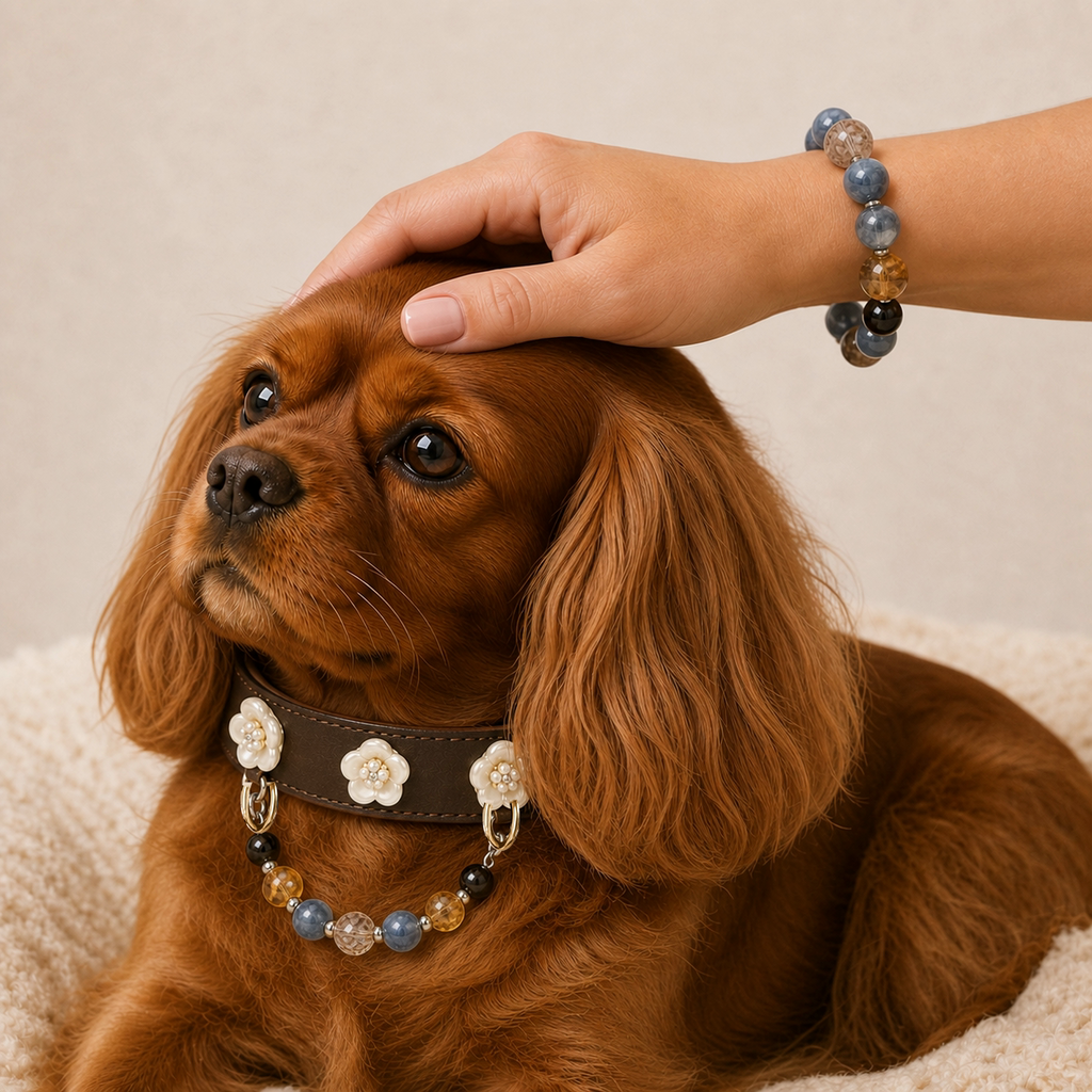 XCENCORE Midnight Constellation Collar + Owner Bracelet Set — owner and pet set view with champagne-gold fixed hardware — 2026-08-29