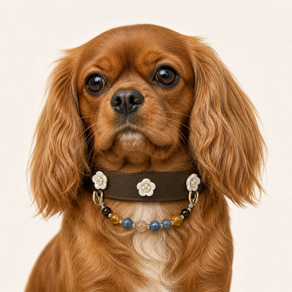 XCENCORE Midnight Constellation Collar + Owner Bracelet Set — pet-worn view with champagne-gold fixed hardware — 2026-08-29