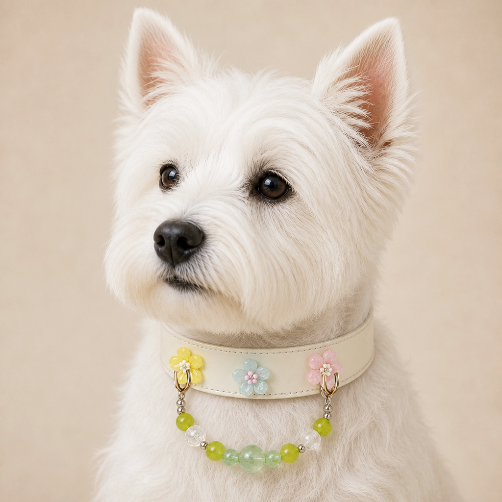 XCENCORE Verdant Snow Collar + Owner Bracelet Set — pet-worn view with champagne-gold fixed hardware — 2026-08-29