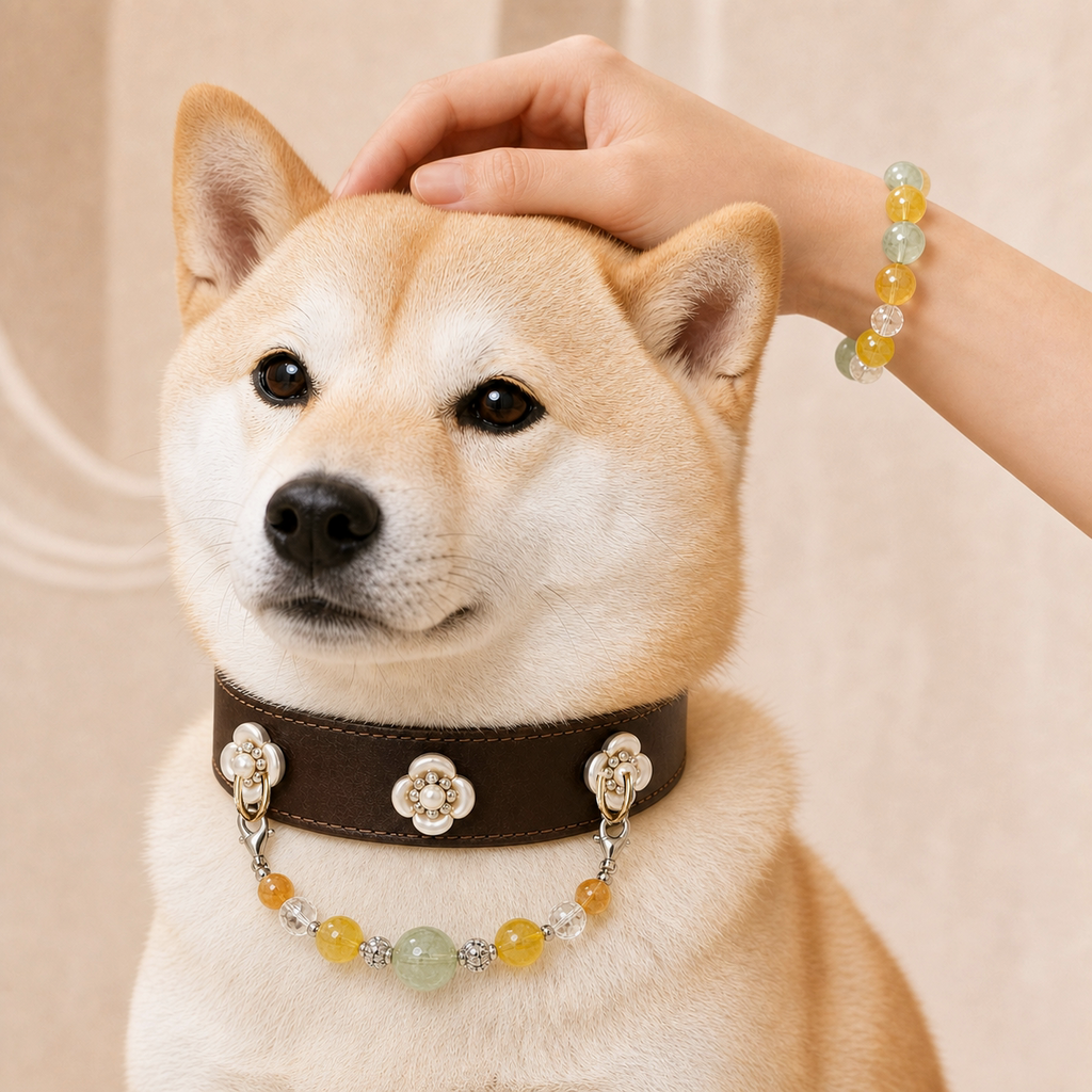 XCENCORE Sunlit Jade Blossom Collar + Owner Bracelet Set — owner and pet set view with champagne-gold fixed hardware — 2026-08-29