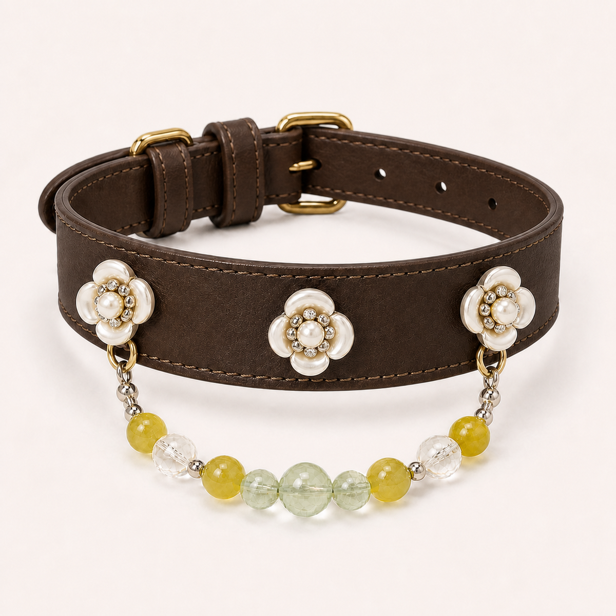 XCENCORE Sunlit Jade Blossom Collar + Owner Bracelet Set — collar product view with champagne-gold structural hardware — 2026-08-29
