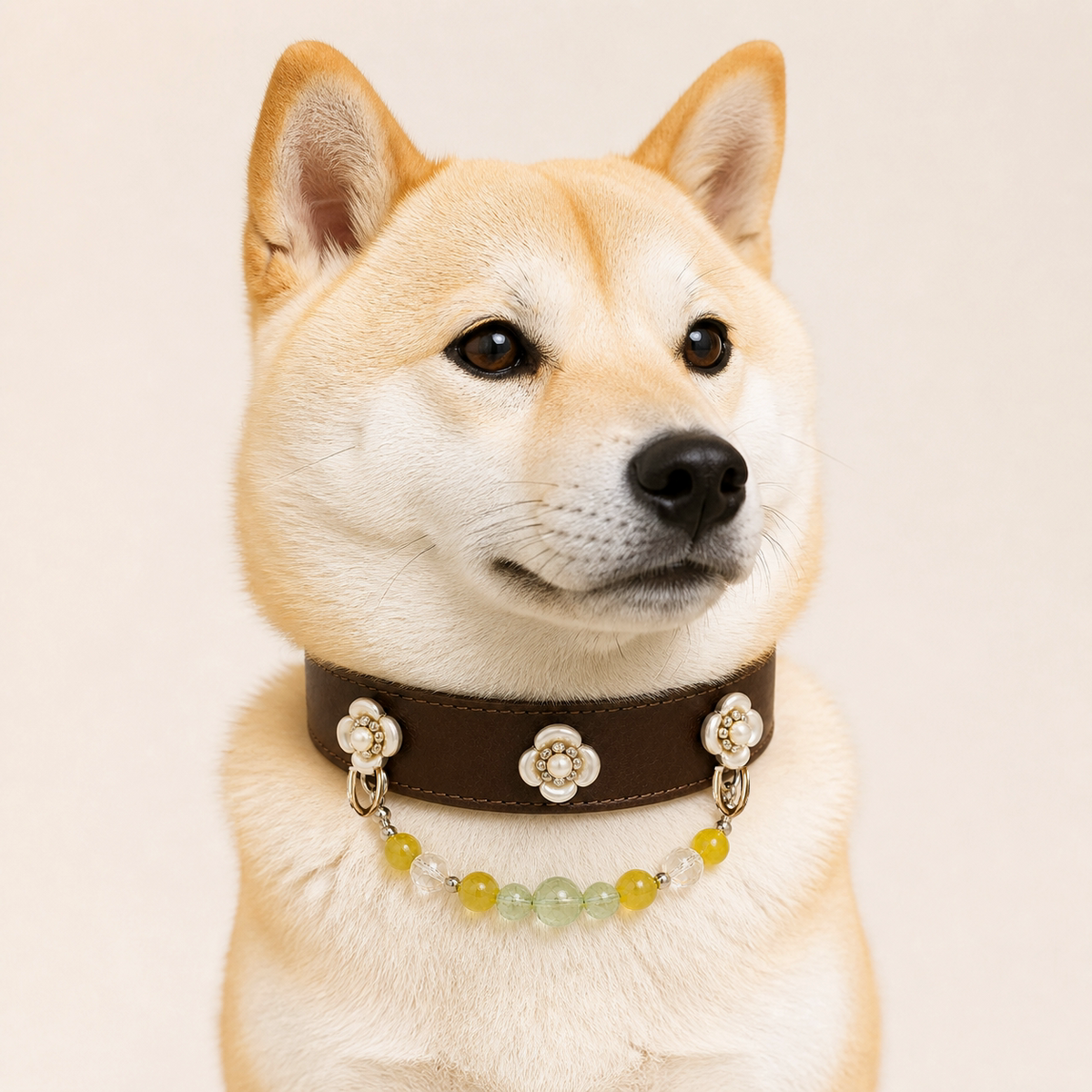 XCENCORE Sunlit Jade Blossom Collar + Owner Bracelet Set — pet-worn view with champagne-gold fixed hardware — 2026-08-29