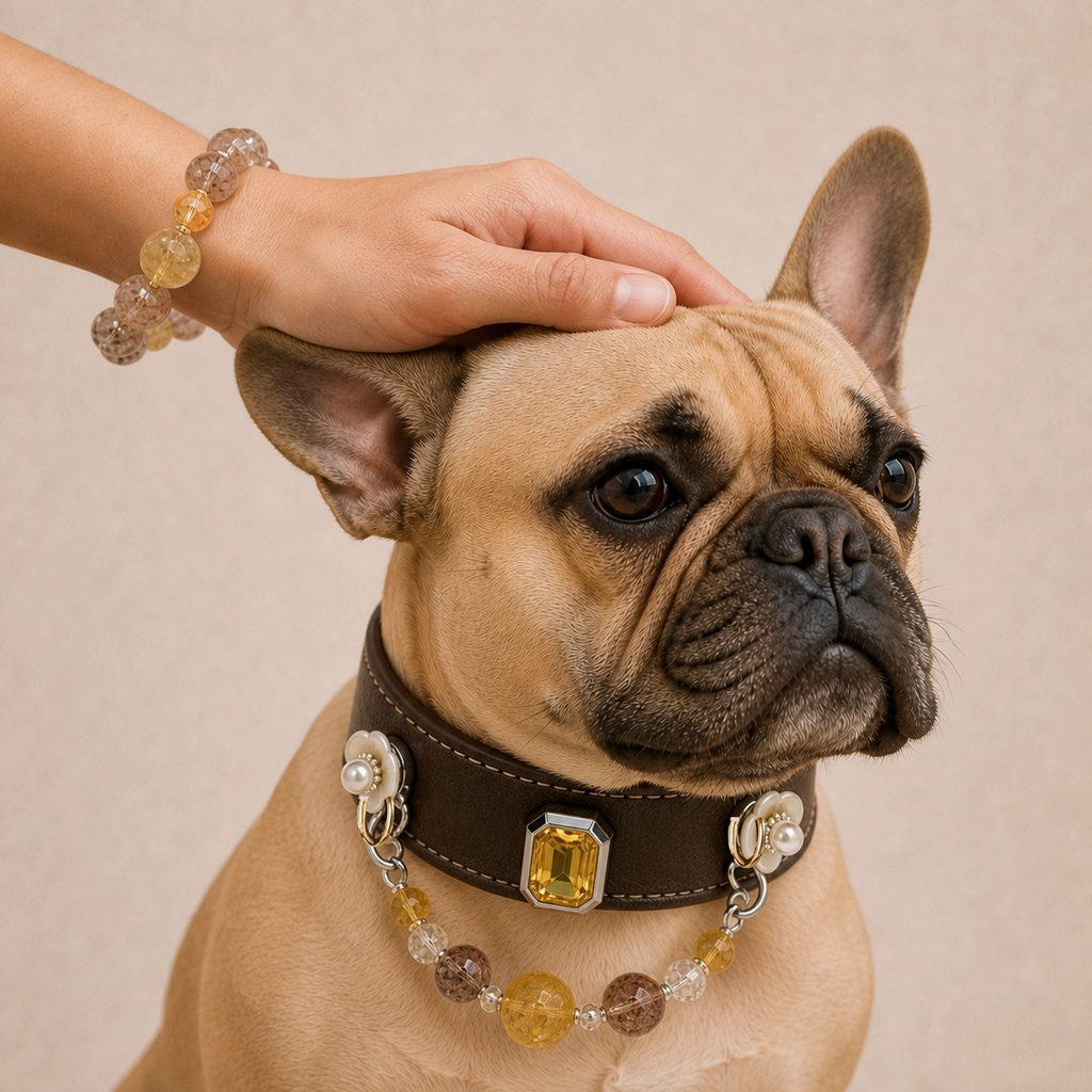 XCENCORE Golden Super Seven Collar + Owner Bracelet Set — owner and pet set view with champagne-gold fixed hardware — 2026-08-29