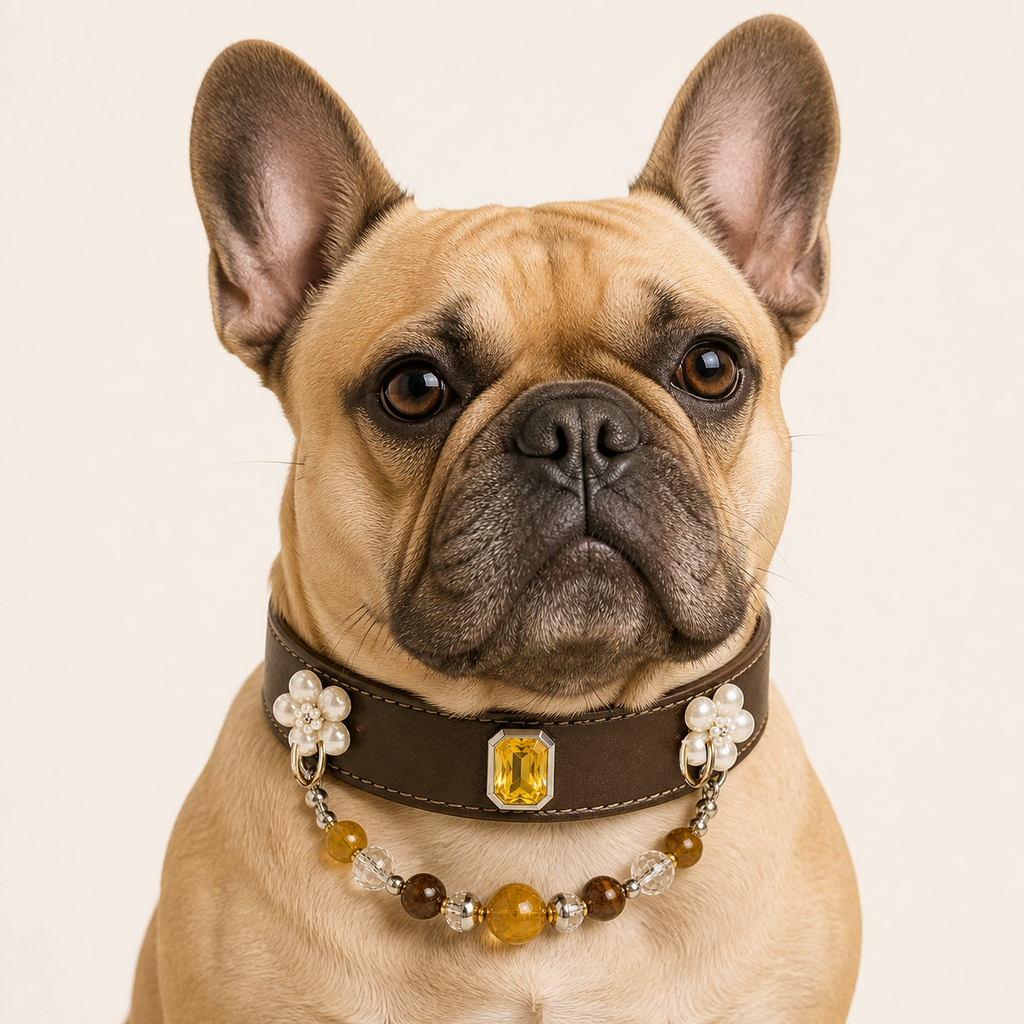 XCENCORE Golden Super Seven Collar + Owner Bracelet Set — pet-worn view with champagne-gold fixed hardware — 2026-08-29