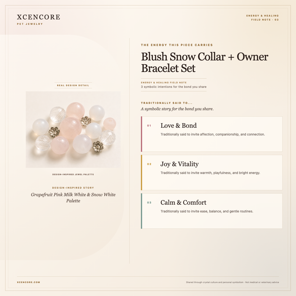 XCENCORE Blush Snow Collar + Owner Bracelet Set Energy & Healing field note — clean real material v4