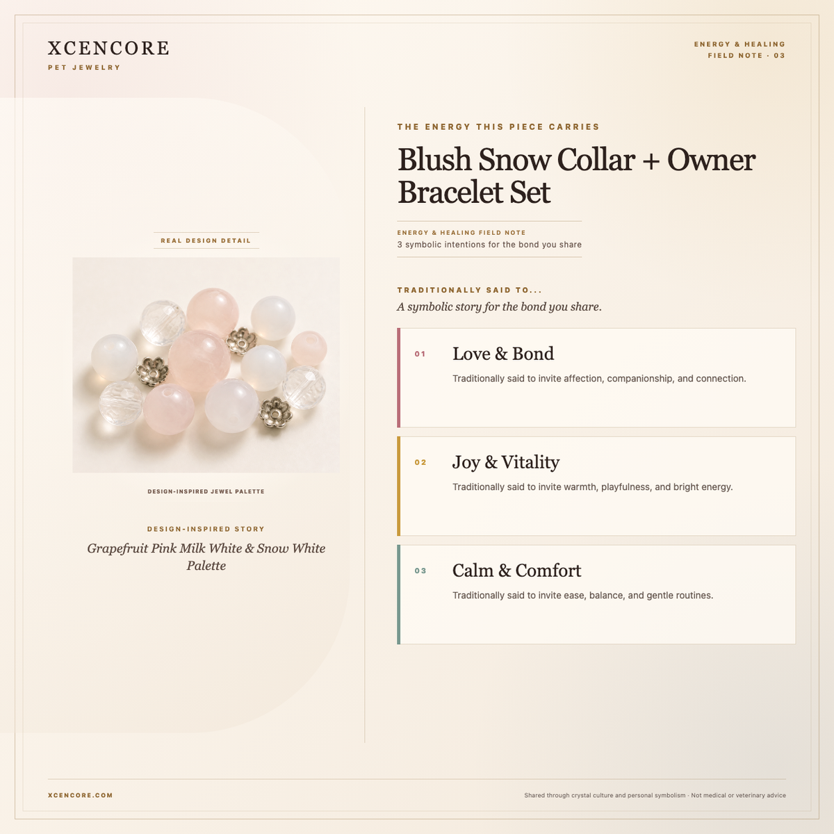 XCENCORE Blush Snow Collar + Owner Bracelet Set Energy & Healing field note — clean real material v4