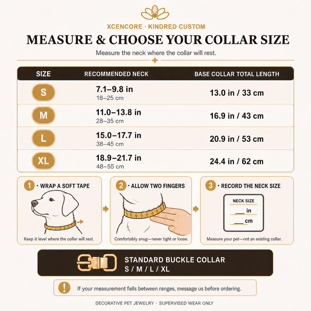 XCENCORE Celestial Blue Crystal Pet Collar Standard Buckle 1.0 size and neck measurement guide — S M L XL