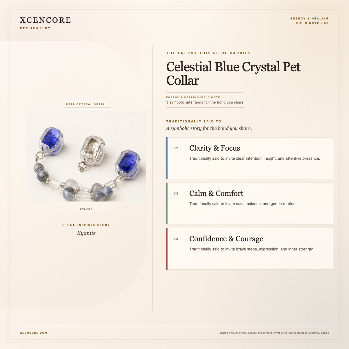XCENCORE Celestial Blue Crystal Pet Collar Energy & Healing field note — clean real material v4