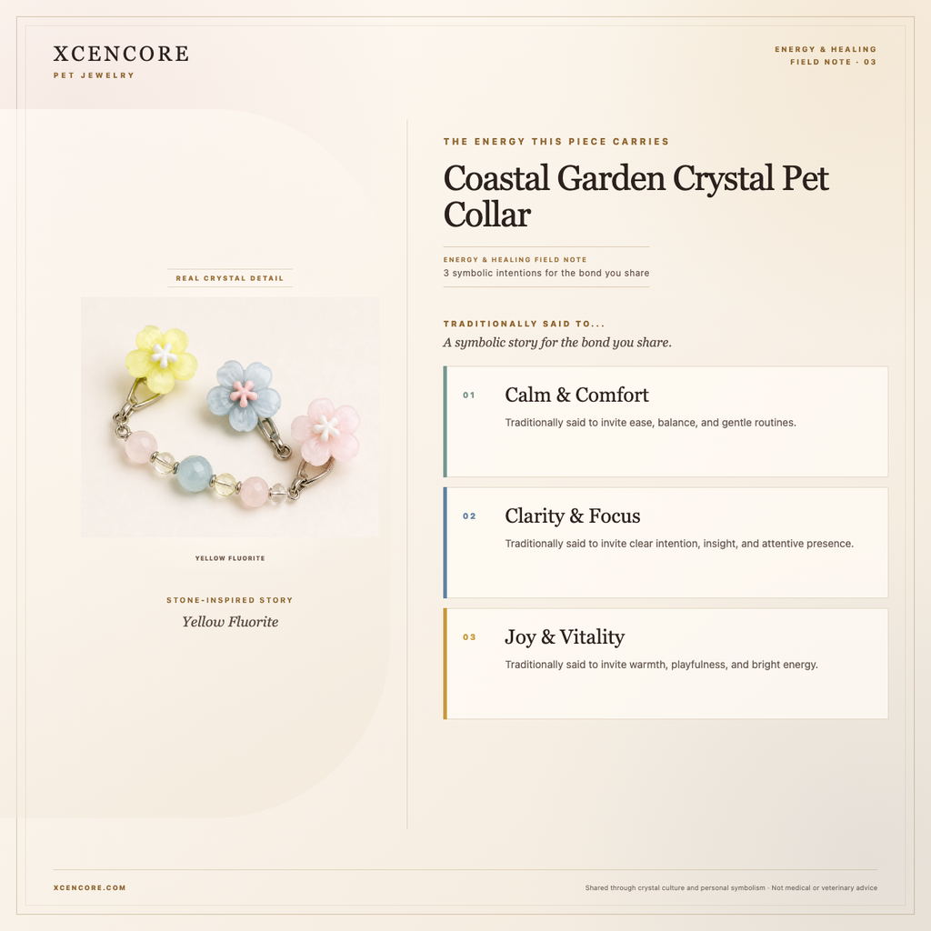 XCENCORE Coastal Garden Crystal Pet Collar Energy & Healing field note — clean real material v4