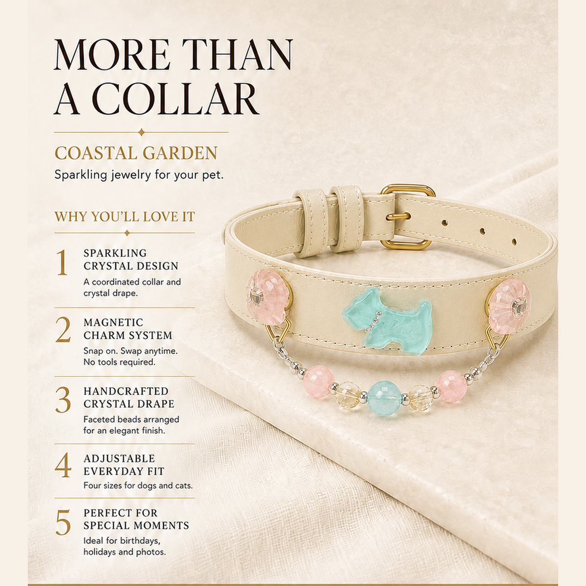 XCENCORE coastal-garden-crystal-pet-collar — product benefits square detail v2 — 2026-08-31