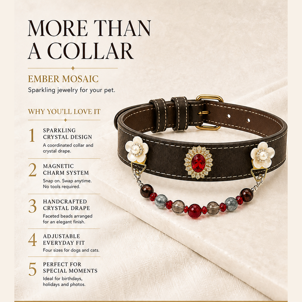 XCENCORE ember-mosaic-crystal-pet-collar — product benefits square detail v2 — 2026-08-31