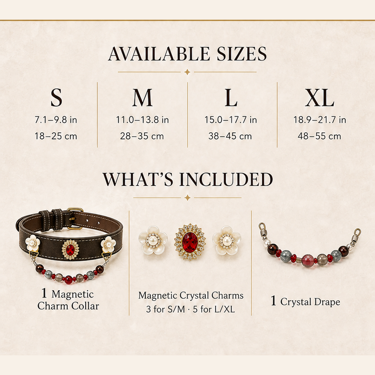 XCENCORE ember-mosaic-crystal-pet-collar — sizes and included pieces square detail v2 — 2026-08-31