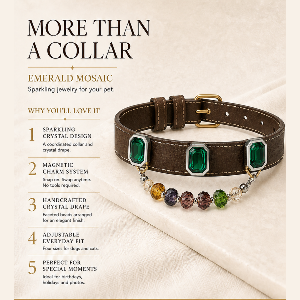 XCENCORE emerald-ruby-mosaic-pet-collar — product benefits square detail v2 — 2026-08-31