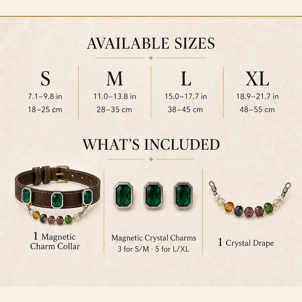 XCENCORE emerald-ruby-mosaic-pet-collar — sizes and included pieces square detail v2 — 2026-08-31