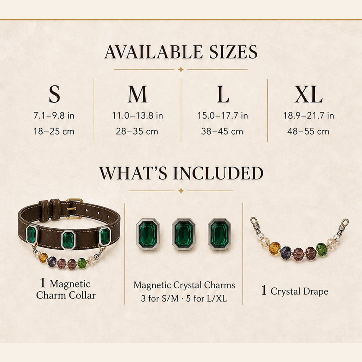 XCENCORE emerald-ruby-mosaic-pet-collar — sizes and included pieces square detail v2 — 2026-08-31