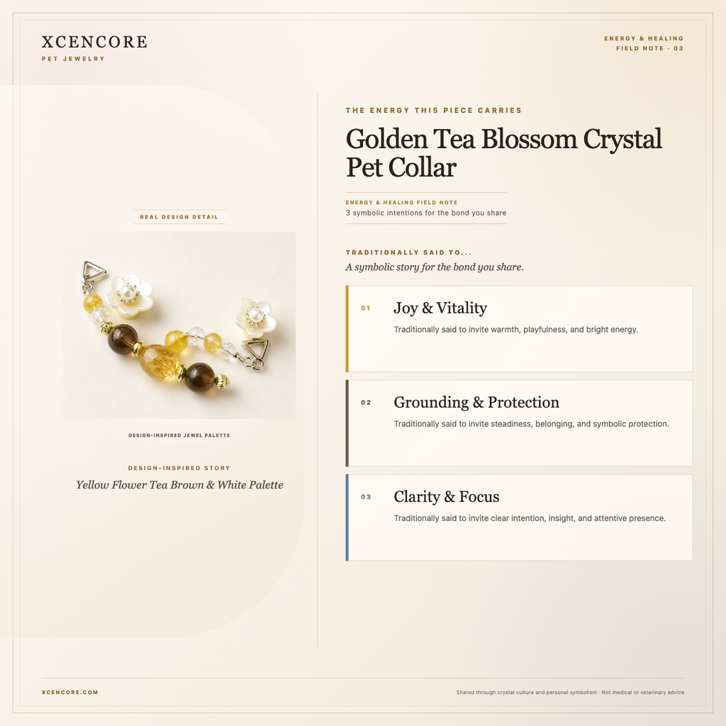 XCENCORE Golden Tea Blossom Crystal Pet Collar Energy & Healing field note — clean real material v4