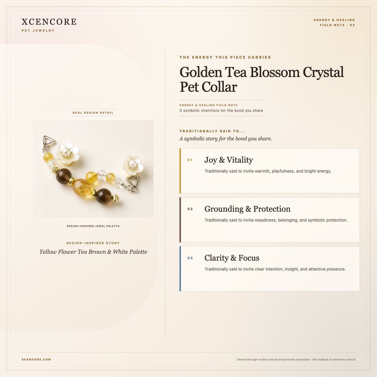 XCENCORE Golden Tea Blossom Crystal Pet Collar Energy & Healing field note — clean real material v4