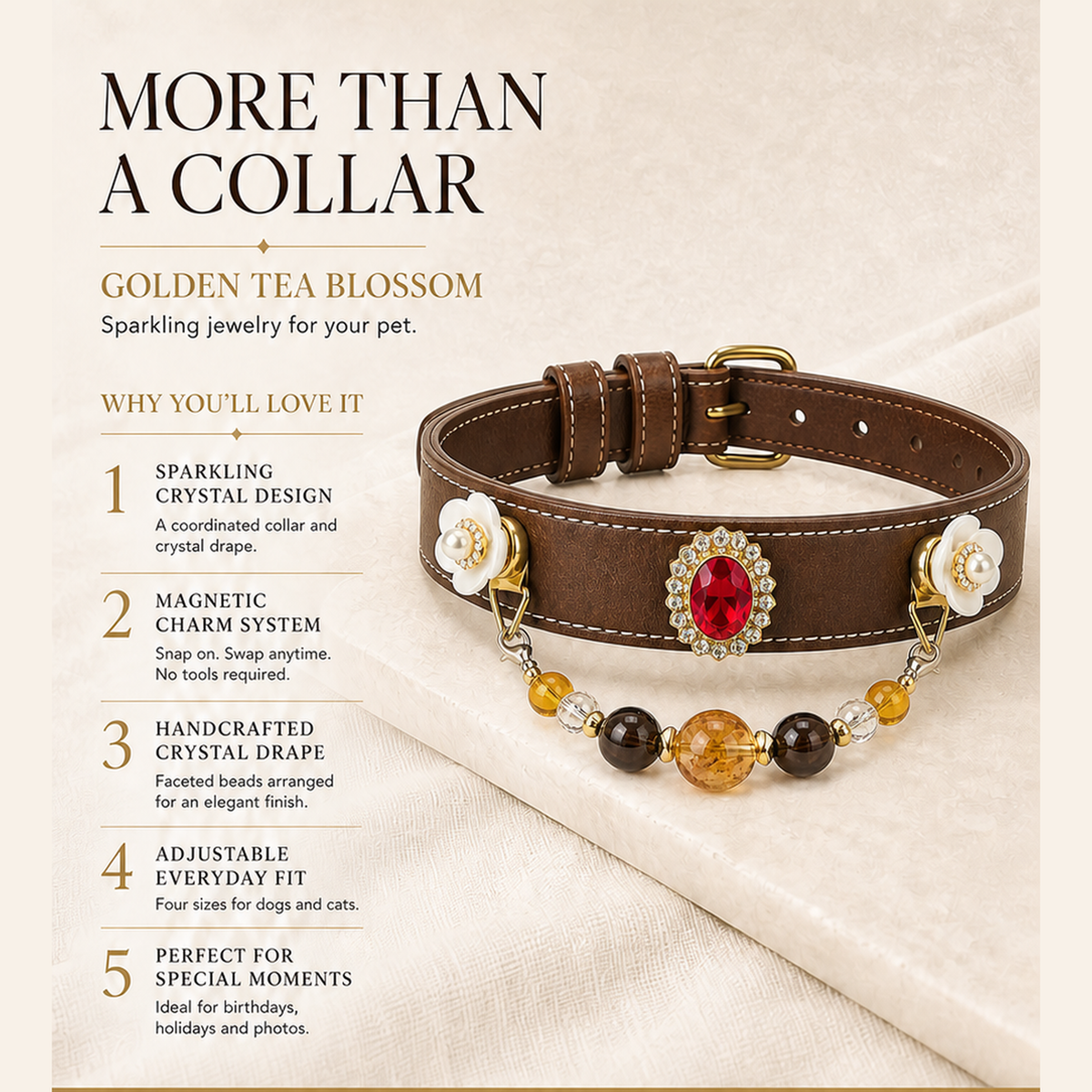 XCENCORE golden-tea-blossom-crystal-pet-collar — product benefits square detail v2 — 2026-08-31