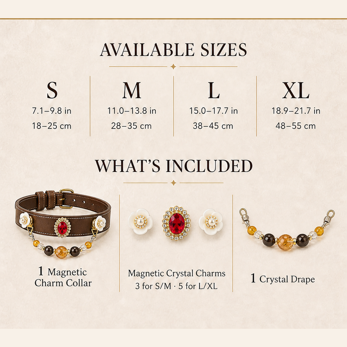 XCENCORE golden-tea-blossom-crystal-pet-collar — sizes and included pieces square detail v2 — 2026-08-31