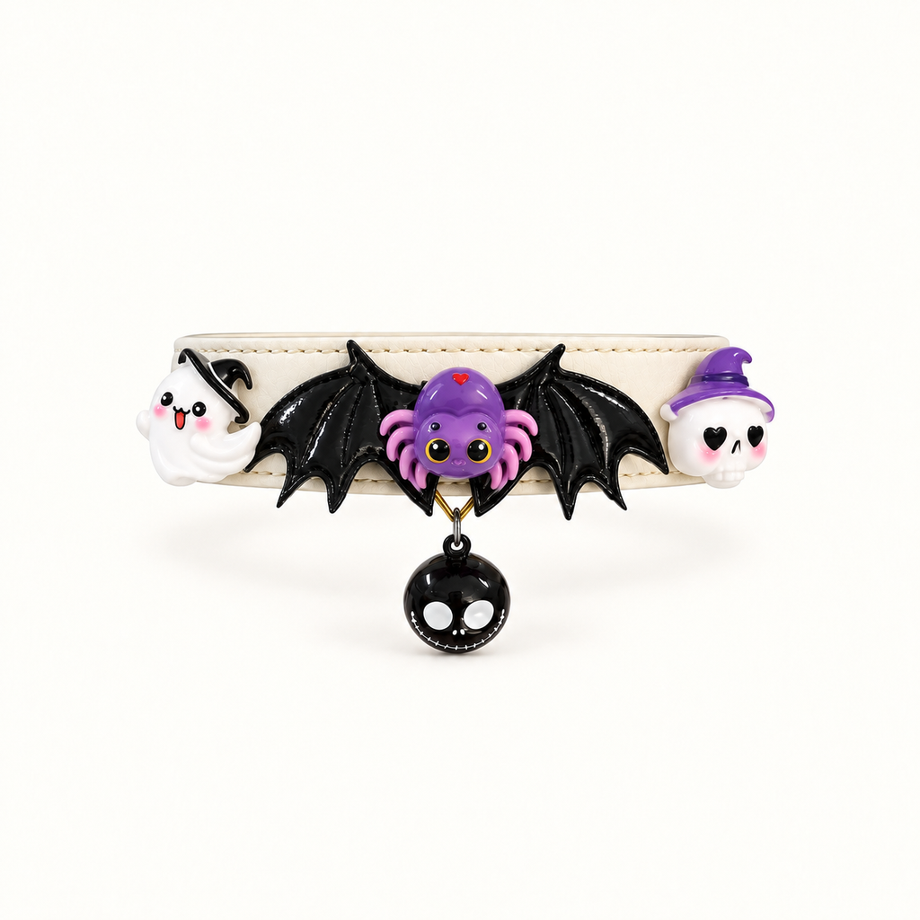 AI styling illustration: black bat wings and bell collar with detachable spider, ghost and skull accessories; complimentary accessory gifts vary.