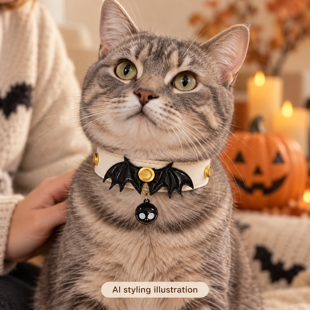 AI styling illustration: cat wearing black bat wings and bell Halloween collar, supervised decorative scene