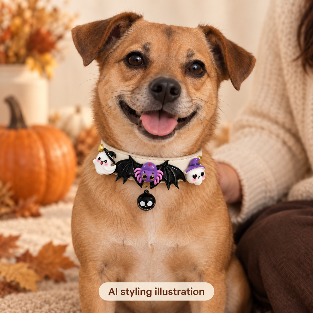 AI styling illustration: dog wearing black bat wings and bell Halloween collar, supervised decorative scene