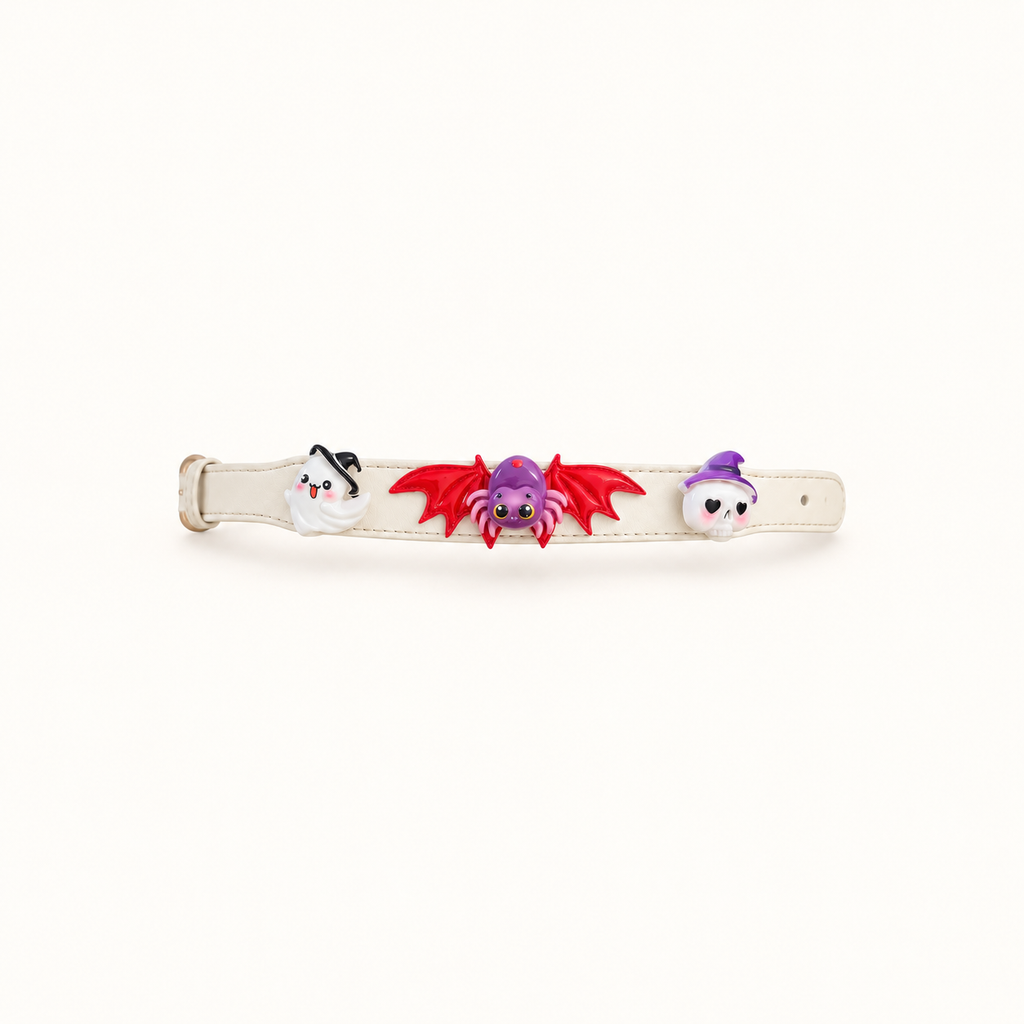 Ghost, purple spider with red bat wings and purple-hat skull on a cream PU pet collar, generated product display