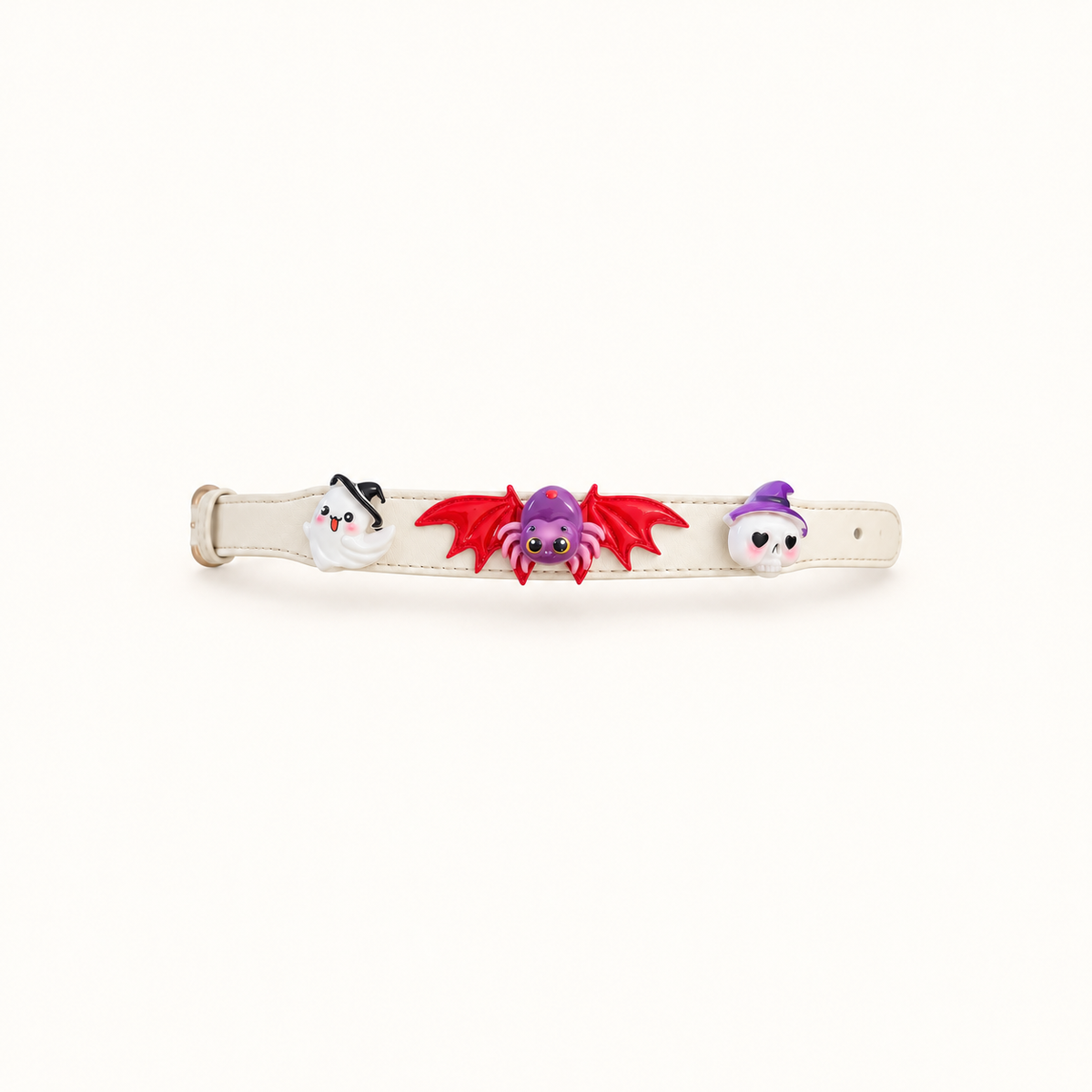 Ghost, purple spider with red bat wings and purple-hat skull on a cream PU pet collar, generated product display