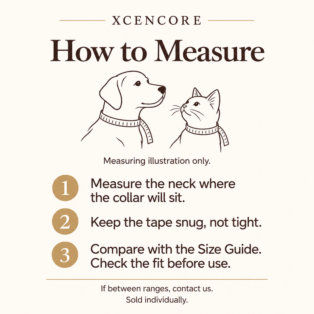 Illustrated instructions for measuring cat and dog neck circumference and selecting a collar size