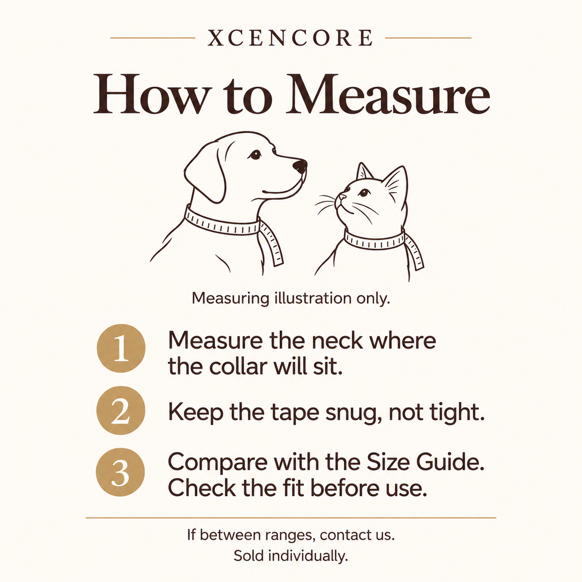 Illustrated instructions for measuring cat and dog neck circumference and selecting a collar size