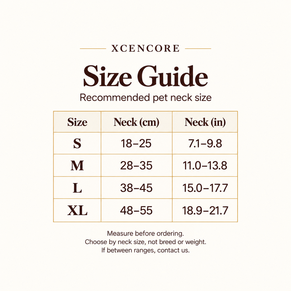 Pet neck size guide: S18-25, M28-35, L38-45, XL48-55 centimeters, with inch equivalents