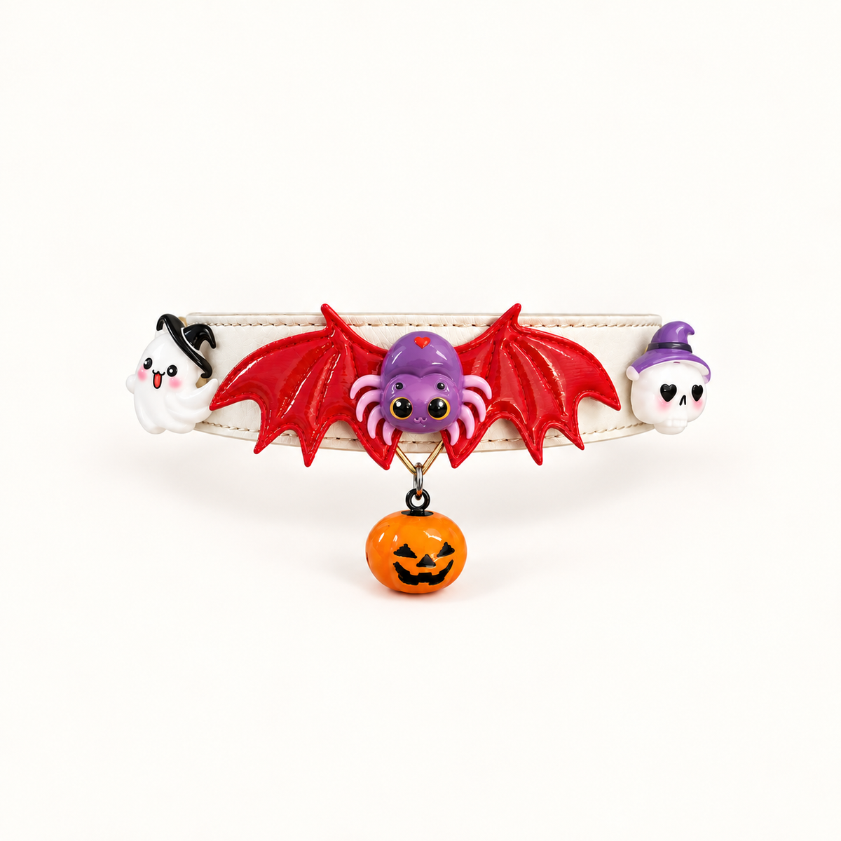 AI styling illustration: red bat wings and pumpkin bell collar with detachable spider, ghost and skull accessories; complimentary accessory gifts vary.