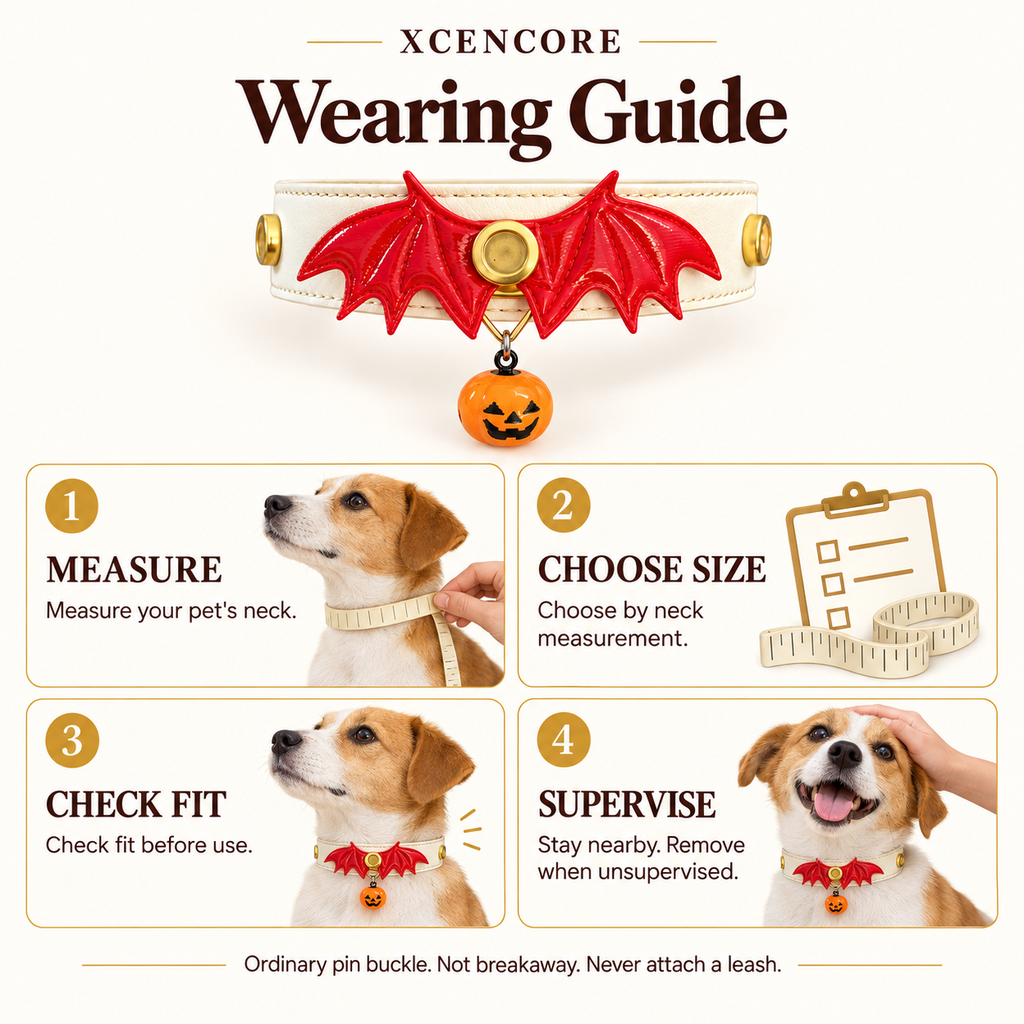 AI illustrated wearing guide for red bat wings and pumpkin bell collar; ordinary pin buckle, supervised decorative use