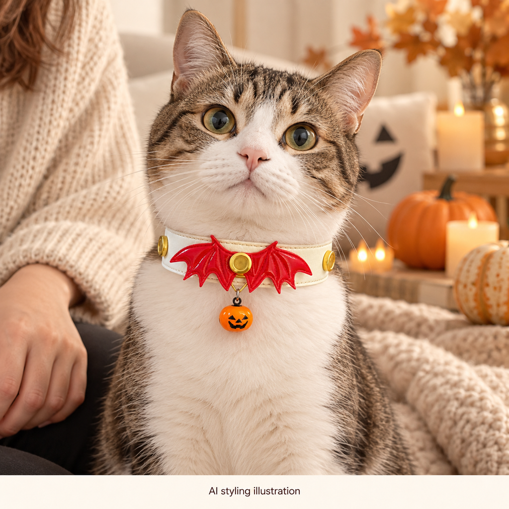 AI styling illustration: cat wearing red bat wings and pumpkin bell Halloween collar, supervised decorative scene