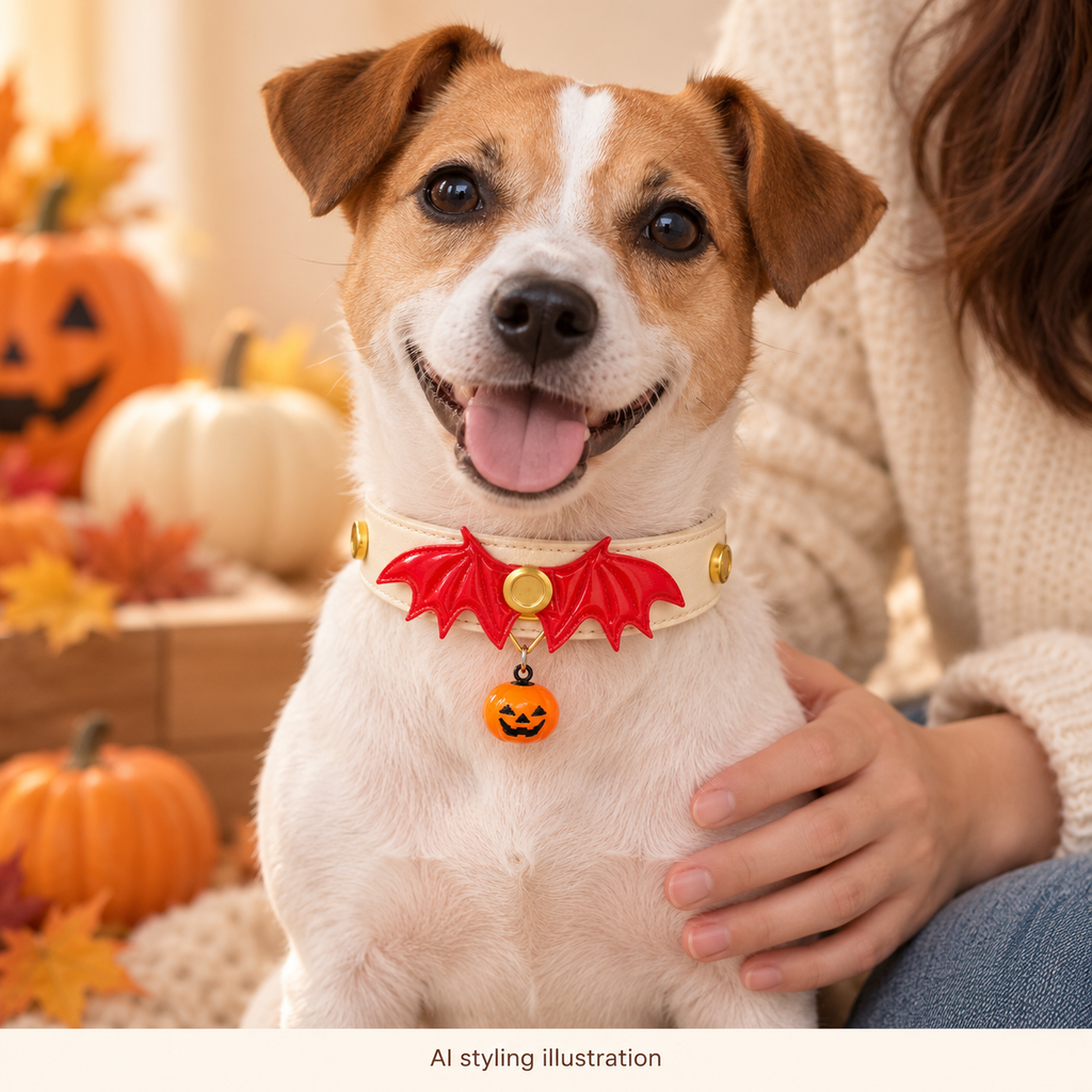 AI styling illustration: dog wearing red bat wings and pumpkin bell Halloween collar, supervised decorative scene