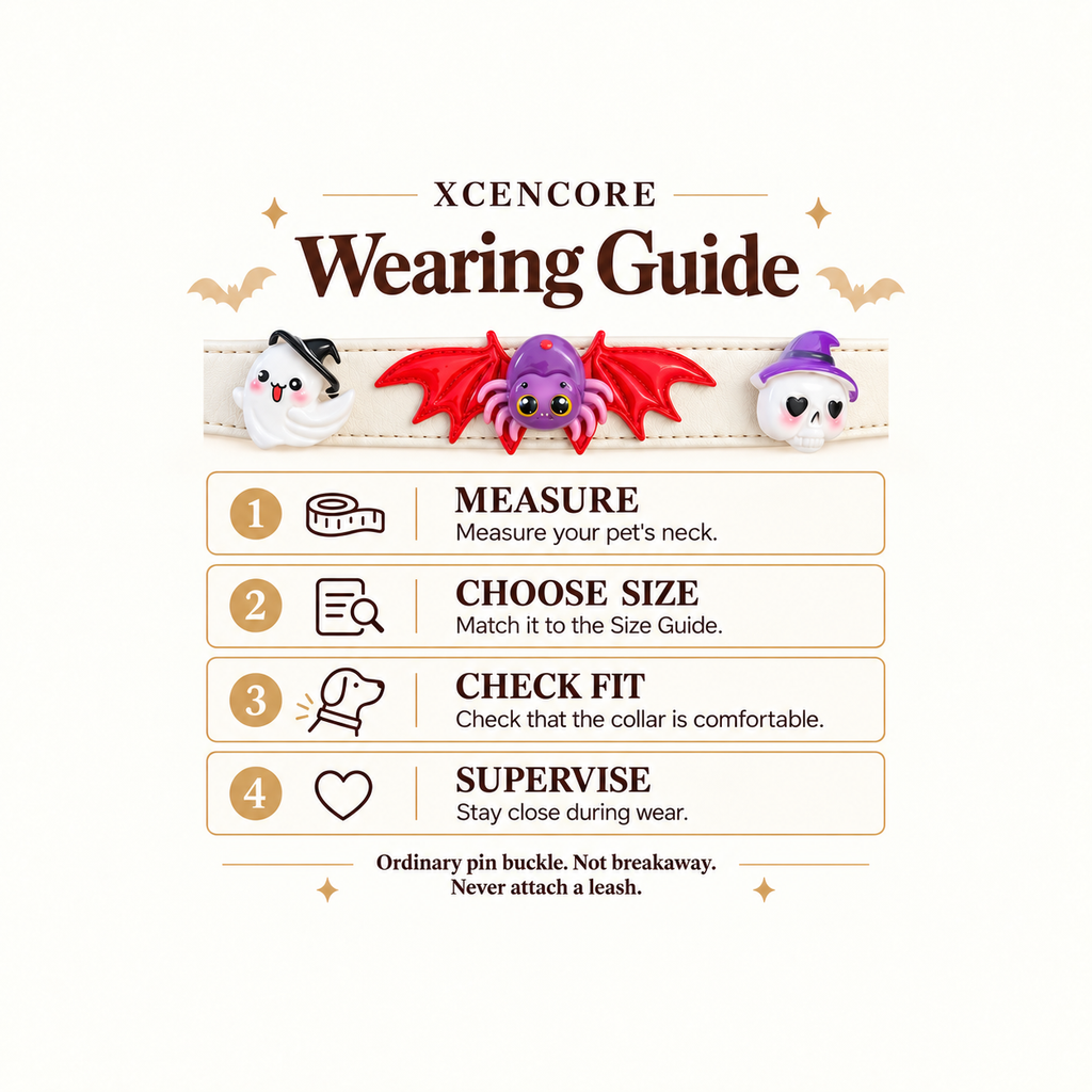AI illustrated wearing guide for red bat wings, spider, ghost and skull collar; ordinary pin buckle, supervised decorative use