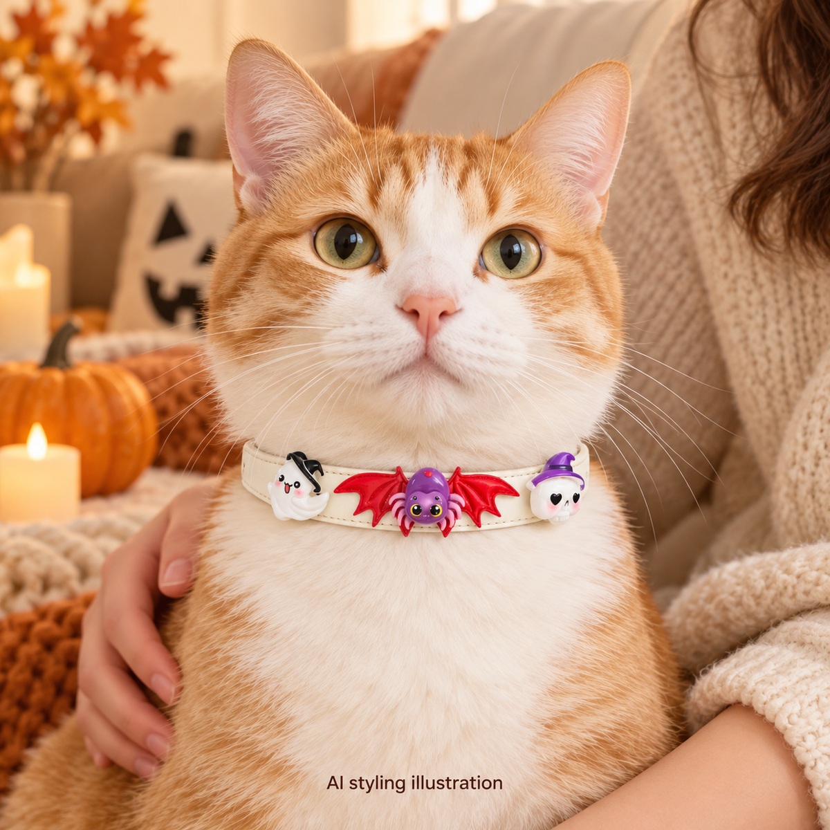 AI styling illustration: cat wearing red bat wings, spider, ghost and skull Halloween collar, supervised decorative scene