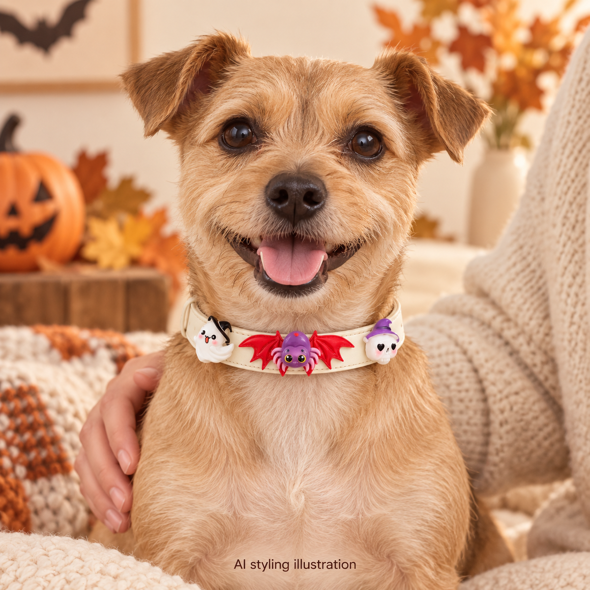 AI styling illustration: dog wearing red bat wings, spider, ghost and skull Halloween collar, supervised decorative scene