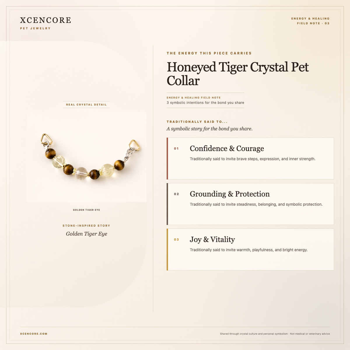XCENCORE Honeyed Tiger Crystal Pet Collar Energy & Healing field note — clean real material v4
