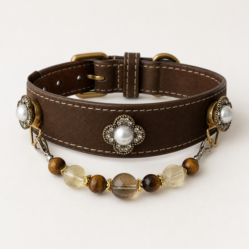 XCENCORE Honeyed Tiger Crystal Pet Collar confirmed main view — exact seven-bead pendant