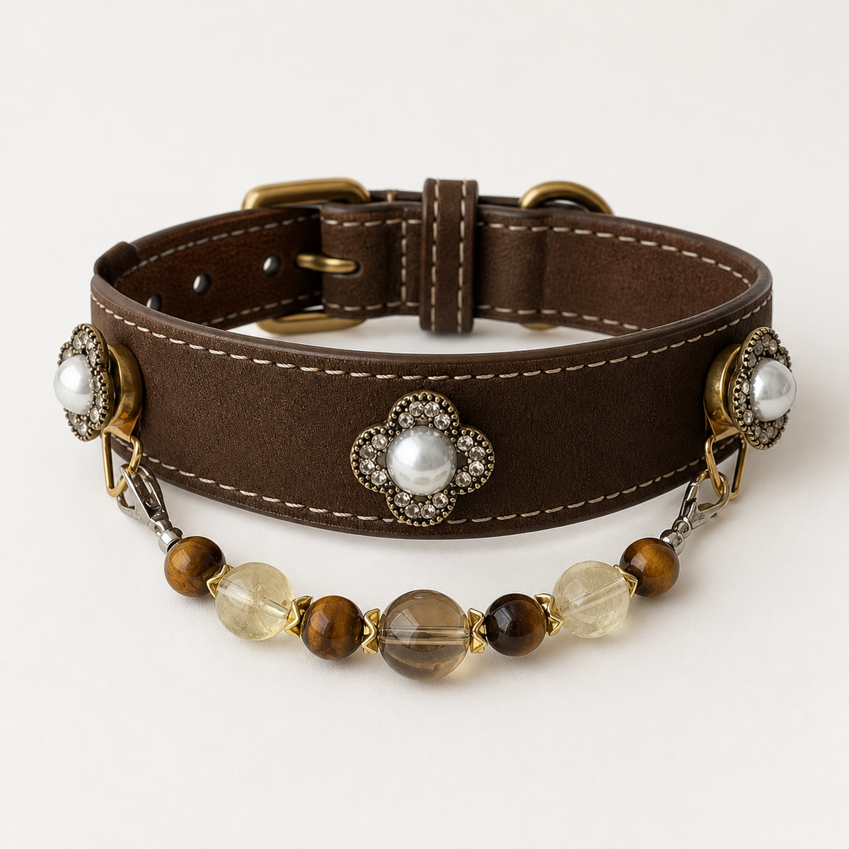 XCENCORE Honeyed Tiger Crystal Pet Collar confirmed main view — exact seven-bead pendant